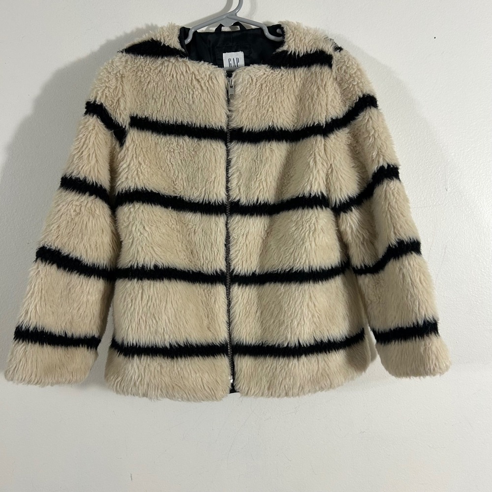 Gap Kids Faux Fur Jacket Kids S 6-7 Cream Black Striped‎ Zip Up Coat